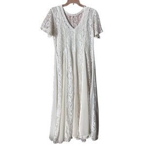 Vintage 90s Ivory Floral Lace Cottagecore Panel Dress with Slip Size Large